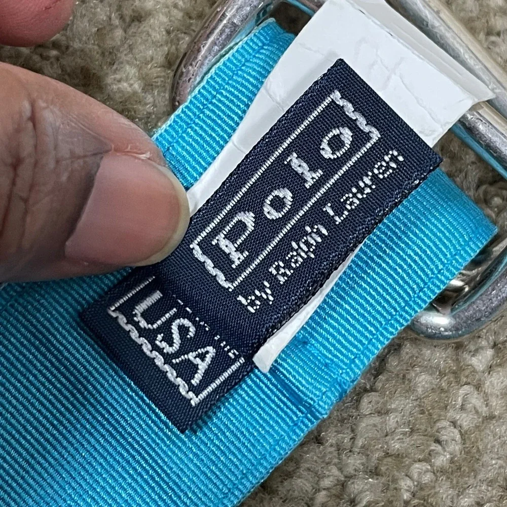 Vintage Polo Ralph Lauren L Belt Mens Blue Yellow Spider L D-Ring Ribbon USA
